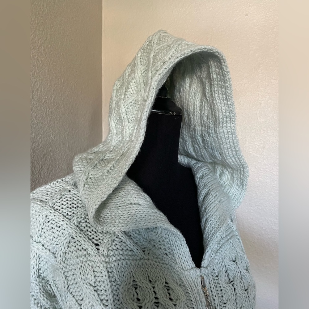 Aran Crafts Ireland 100% merino wool light green long zip up cardigan sweater S - Picture 10 of 13